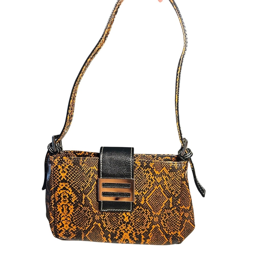 Divine Shoulder Bag Small Orange Snakeskin Print Faux Leather Baguette